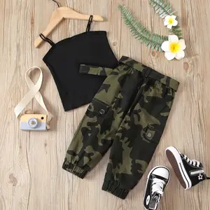 WEN Set Pakaian Anak-anak Musim Panas Set Bayi Perempuan Pakaian Bayi Balita Butik Crop Top + Camo Jeans Set Dua Potong