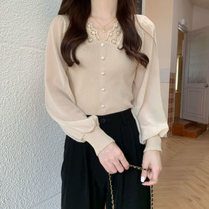 秋の韓国デザインの女性の V ネックニットブラウススプライシングレースシフォン長袖ファッションスリムレディースニットトップスシャツ - Product Image 6