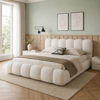Meubles de maison, lit double avec rangement, design nuage, tissu Teddy crème de luxe, 180 x 200 cm