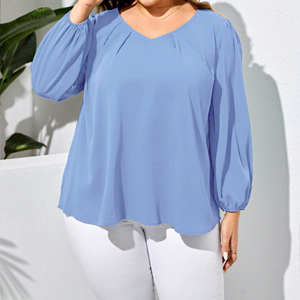 Kemeja wanita lengan puff panjang, blus wanita ukuran <span class=keywords><strong>plus</strong></span>, kemeja polos lengan puff panjang kasual elegan longgar leher v - Product Image 2