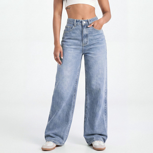 Jeans de Cintura Alta, Talla Grande, Corte Ancho y Holgado para Mujer, <span class=keywords><strong>Pantalones</strong></span> de Mezclilla Elástica, MOQ Bajo, Listos para Enviar, Plazo de Entrega de 15 Días - Product Image 3