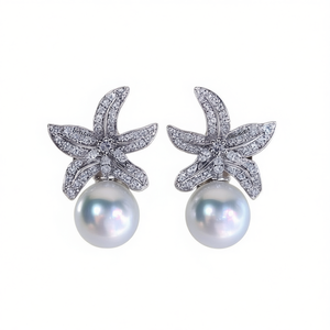 BICK-M Orecchini a lobo con fiore in oro bianco, perle imitate, diamanti taglio brillante rotondo, gioielli romantici da donna per feste - Product Image 1