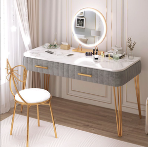 <strong>Make</strong> <strong>up</strong> <strong>Vanity</strong> Table with Marble Top Round Mirror Velvet Dressing Desk Bedroom Furniture - Product Image 3