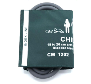 Manguito <span class=keywords><strong>NIBP</strong></span> de nailon verde reutilizable, tubo doble de 18-26 cm, manguito de presión arterial de vejiga pediátrica/infantil para uso hospitalario - Product Image 1