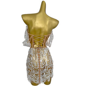 Set pakaian 2 potong elegan bahu terbuka renda mutiara korset rok Mini wanita pesta ulang tahun pernikahan gaun Bodycon pesta <span class=keywords><strong>Prom</strong></span> - Product Image 6