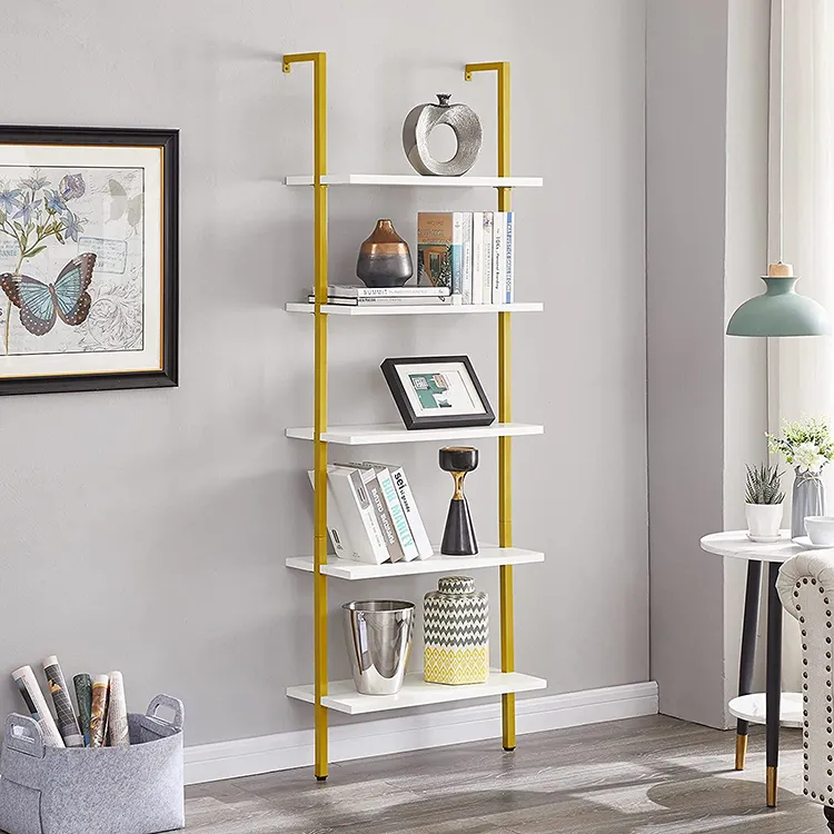 Vekin Furniture Living Room Ladder Shelf 5 Tier Wall Mounted Book Rack Nordic Bookshelf White Gold Shelves Bookcase