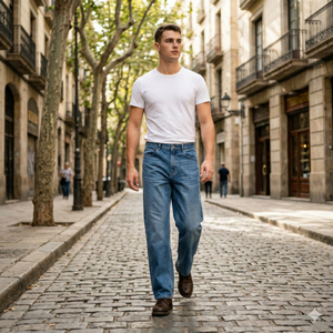 กางเกงยีนส์แฟชั่นสไตล์ฮิปฮอปสำหรับผู้ชาย คุณภาพสูง สีน้ำเงินเดนิม กางเกงยีนส์ทรงหลวมสั่งทำพิเศษสำหรับผู้ชาย - Product Image 1