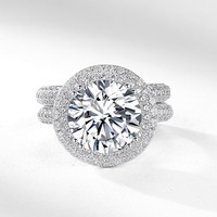 Bague de fiançailles de luxe en argent sterling S925 avec double bande, halo pavé et moissanite ronde VVS2, pierres latérales, pour mariage et fiançailles