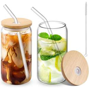 Gobelet en <span class=keywords><strong>verre</strong></span> de style européen écologique de 500 ml/16 oz <span class=keywords><strong>avec</strong></span> couvercle en bambou et <span class=keywords><strong>paille</strong></span>, idéal pour les boissons, pour l'exportation transfrontalière - Product Image 1