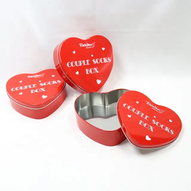 Boîte cadeau en forme de cœur, conception de Logo personnalisé, imprimé vide en fer blanc en métal, rangement des chaussettes, boîte en étain pour la nourriture