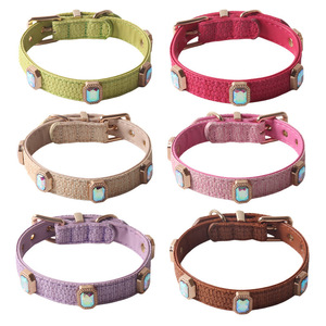 Colorful Jeweled Double Layer <b>Dog</b> Collar Luxury Square Diamond Cotton Linen PU Pet Collar - Product Image 1