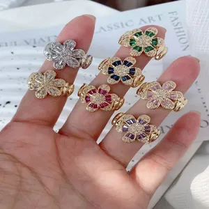 Fashion CZ Zircon Flower Pave Crystal Gold Plated Adjustable Brass Copper Rings Jewelry for Women