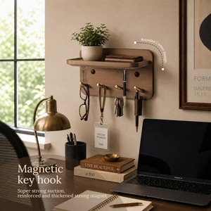 Solid Wood <b>Key</b> Holder <b>Wall</b> Mount 4 Brass <b>Hooks</b> Hidden Magnets 15 Incline Grooved Design Prevents Slipping Vintage Brown - Product Image 4