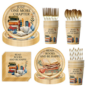 Retro Books Party Supplies Paper Plates Cups Napkins 60-80 Pcs Reading Theme Birthday Decorations Environment Friendly - Product Image 5