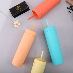 Vasos acrílicos delgados de doble pared, vasos con tapa de paja, sin Bpa, transparente, Pastel, plástico amarillo, 16 Oz - Product Image 5