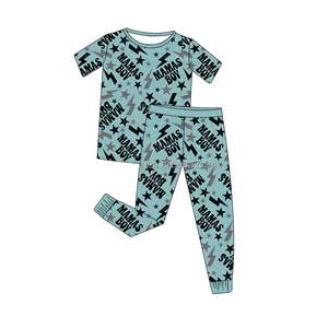 高品質のライトニングプリントの女の赤ちゃんの衣装弾性半袖2ピースパジャマ子供服カスタム竹パジャマ