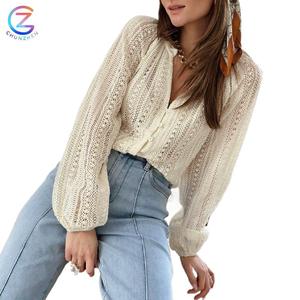 Blusas <span class=keywords><strong>Elegantes</strong></span> <span class=keywords><strong>de</strong></span> <span class=keywords><strong>Encaje</strong></span> con Botones y Manga Larga con Cuello en V para Mujer, Ropa <span class=keywords><strong>de</strong></span> Moda Otoñal - Product Image 1