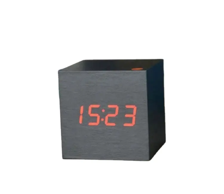 Gratis Verzending Mini Kubus Houten Klok Led Digitale Tafel Horloge Voice Control Elektronische Bureauklok