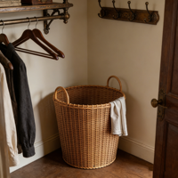 Panier à linge en rotin tressé à la main HN, anti-effraction, avec poignées en fer, style luxe léger, grande capacité de rangement pour salle de bain et chambre à coucher