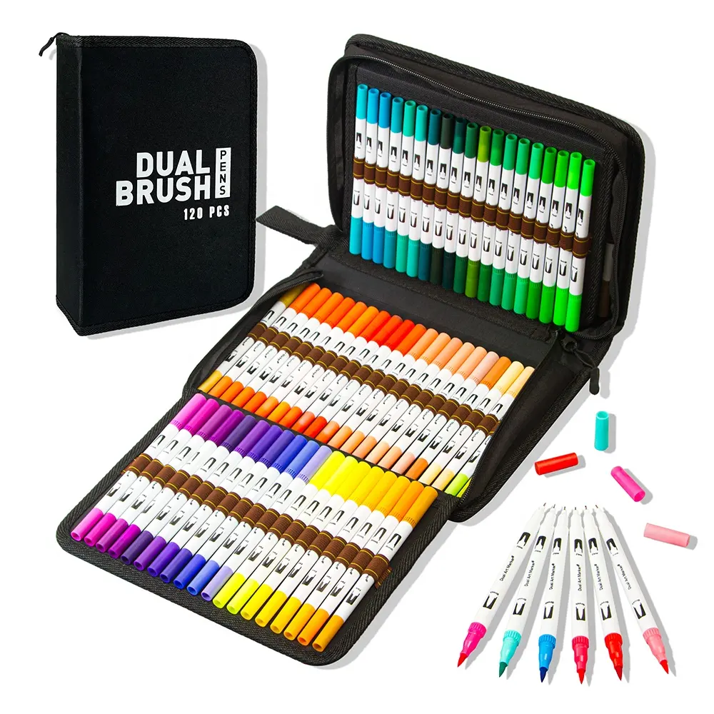 120 Colors Artist Water Color Pen Set Double Dual Tip Brush Fineliner Art Marker Pens Set for Adult Coloring Books Bag 7 Days