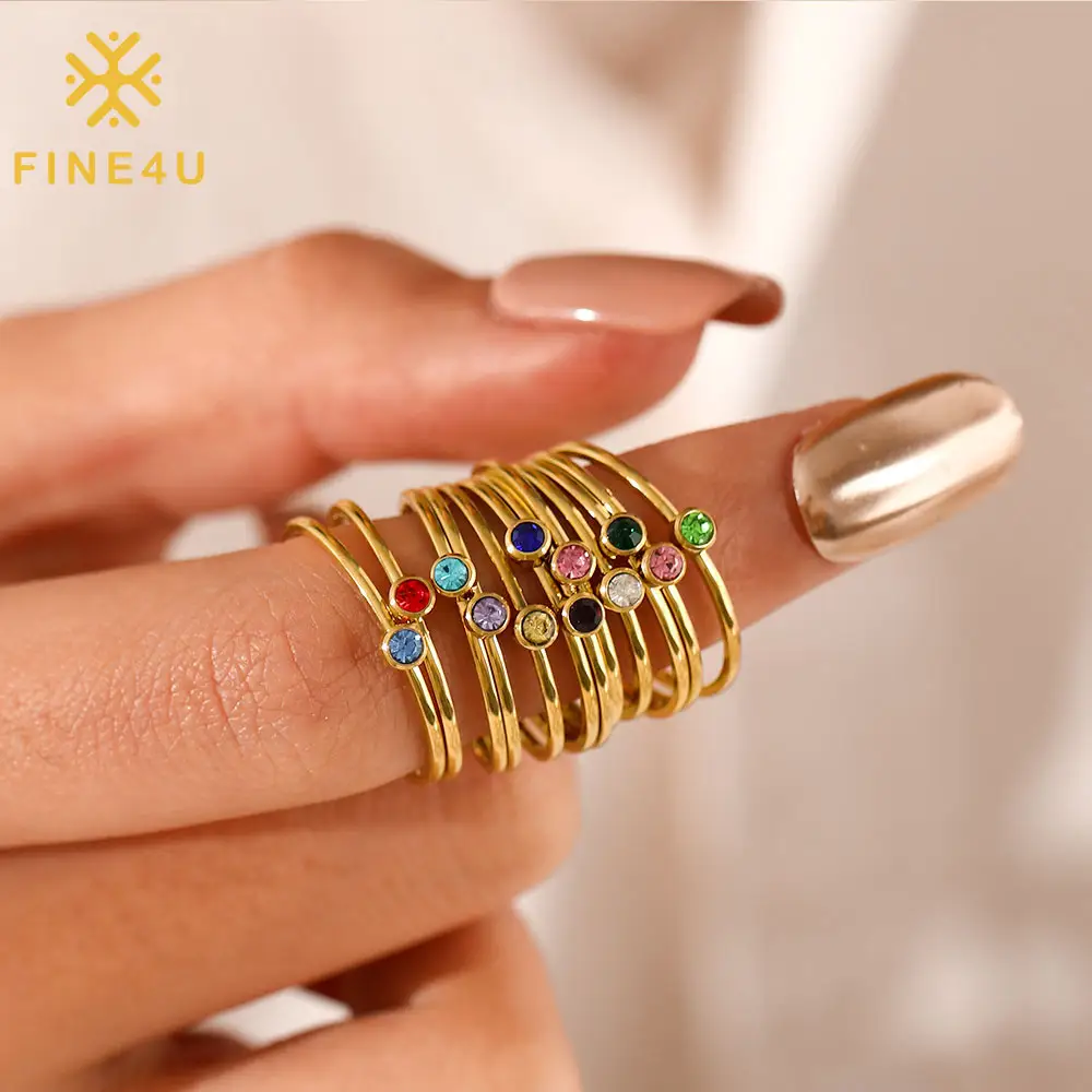 Wholesale Personalized Stackable Simple Fashion Women Jewelry Stainless Steel Gold 12 Birthstone Ring