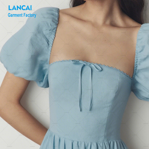 Robes d'été personnalisées pour femmes, style léopard froncé, taille haute, coupe trapèze, écologiques, à manches bouffantes, longueur midi, OEM ODM - Product Image 2