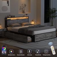 Lit en fer Queen avec lumières LED, cadre en bois et station de charge, 4 tiroirs et prise USB, lit en fer pliable pour chambre simple