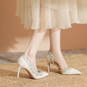 Escarpins à talon aiguille et bout pointu 8001A, broderie florale, slingback, chaussures à talon haut respirantes, peep toe, mode estivale pour femme - Product Image 2
