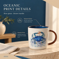 Tasse à café en céramique personnalisée sur le thème de la vie marine, imprimé crabe, poisson, corail, avec intérieur bleu, pour café de plage, vaisselle de bar