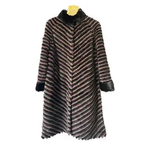 Commercio all'ingrosso personalizzato in maglia di lana foderato lungo V Stripe Stand Collar Ladies Rex Rabbit Fur veri cappotti di pelliccia di visone