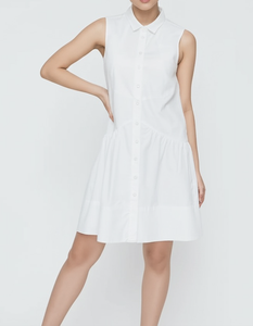 Wholesale Solid Woven White Sleeveless Shirt <b>Dress</b> with Turn-down Collar Button Front Flared Hem Casual Short Length 100% Cotton - Product Image 5