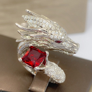 Anillo de Cóctel con Cabeza de Dragón T0839, Plata 925, Zirconia Cúbica, Piedra Roja, Joyería Fina Unisex, Regalo - Product Image 3