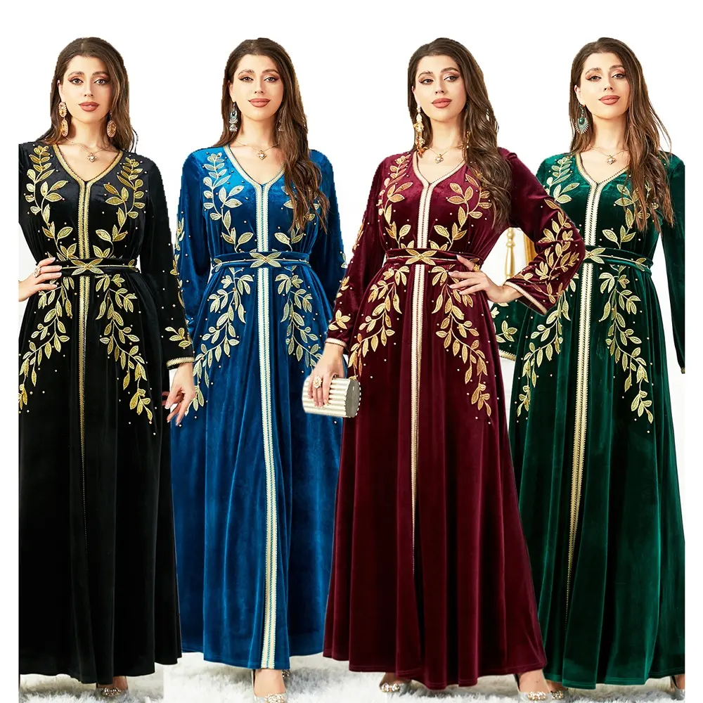 Embroidered Turkish Women's Velvet V-Neck Dress Winter Robe Women's Muslim Robe Winter Niger Islamic Turkish Women's Clothing