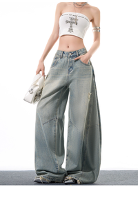 Pantaloni in Denim a vita alta da <span class=keywords><strong>donna</strong></span> taglie forti con <span class=keywords><strong>Jeans</strong></span> larghi a tinta unita tessuto a lavaggio leggero Casual per la primavera - Product Image 6