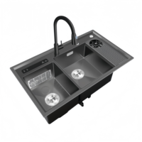 Évier de cuisine double à ultrasons noir nano, multifonction, nettoyage à ultrasons, conception de drainage