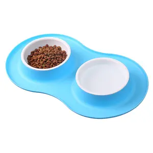 Silicone Mat PP Bowl for Dogs Cats Anti-slip Pet Double Bowls Pet Feeding Mat