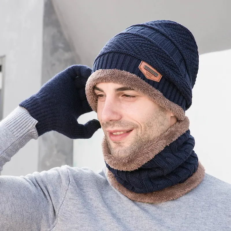 부드러운 두꺼운 스카프 세트 따뜻한 목 비니 모자 겨울 니트 모자