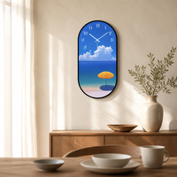 Jam Dinding Porselen Kristal HD Motif Pantai, Lukisan Langit Biru dan Payung Pantai untuk Hotel