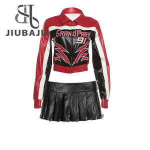 Y2K เสื้อแจ็กเก็ต + กระโปรงสั้นพิมพ์ลายตัวอักษรชุด2ชิ้นซิปบล็อกสีสำหรับผู้หญิง - Product Image 2