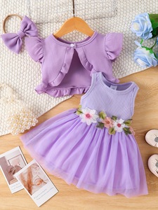 Conyson yeni bebek kız kıyafetleri kolsuz çiçek nakış elbise Ruffled örgü hırka ceket kafa bandı çocuk - Product Image 6