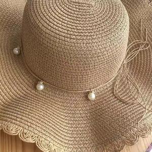 Estate donna alla moda versione coreana cappello di paglia a tesa larga Casual spiaggia protezione solare accenti di perle piccolo cartone animato solido fresco - Product Image 4