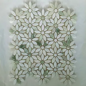 Green-Pink-White Mosaic Flower Waterjet Pattern Marble Mosaic For Backsplash Kitchen Tiles