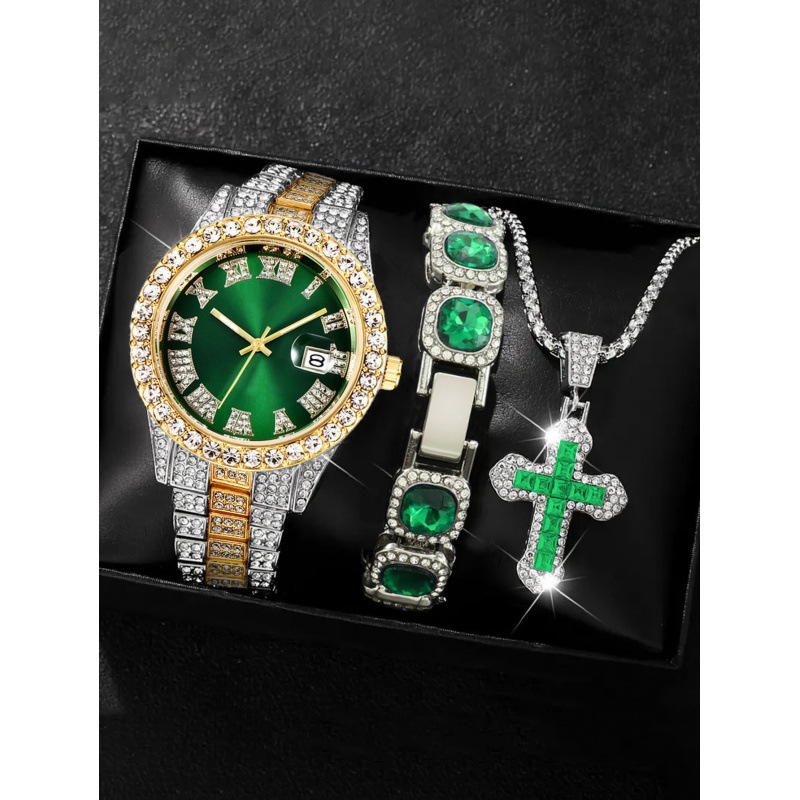 Montre or-argent-vert + bracelet en argent + collier