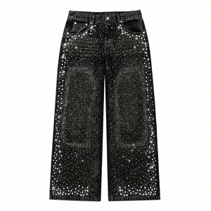Vaqueros de mezclilla personalizados para hombre, estilo vintage, con parches de diamantes de imitación, Y2K, lavado efecto nieve, con diamantes y perlas, pantalones streetwear de corte holgado - Product Image 1