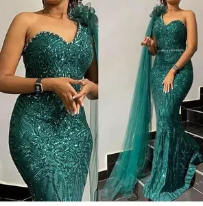 Verde Mulheres Vestidos de Noite Moda Feminina Blingbling Um ombro Andar de comprimento Vestido Com Trem Longo Alça de Ombro