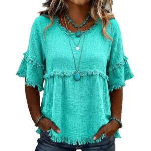 Camicia a maniche corte da <span class=keywords><strong>donna</strong></span> 2026 in stile europeo e americano con collo rotondo retrò e nappe in pelliccia - Product Image 5