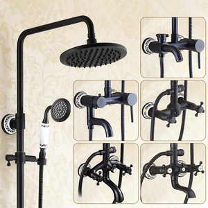 Ensemble <span class=keywords><strong>de</strong></span> <span class=keywords><strong>douche</strong></span> européen noir en laiton à double poignée avec pommeau <span class=keywords><strong>de</strong></span> <span class=keywords><strong>douche</strong></span> à pression contrôlée, <span class=keywords><strong>barre</strong></span> coulissante, vanne en céramique polie et jet doux pour appartement - Product Image 2