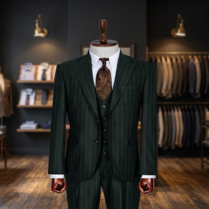 Costume d'affaires homme vert foncé à rayures fines, croisé, col mandarin, coupe droite, grande taille, avec gilet, en laine infroissable, formel - Product Image 3
