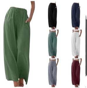 2024 printemps/été Collection confortable ample décontracté femmes large jambe pantalon couleur unie coton chanvre taille haute élastique plat - Product Image 1