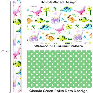 Rollo de papel de regalo con diseño de dinosaurios, 17 pulgadas x 16.5 pies, papel artístico verde con patrón de lunares de dinosaurios para envolver regalos de cumpleaños o baby shower - Product Image 3